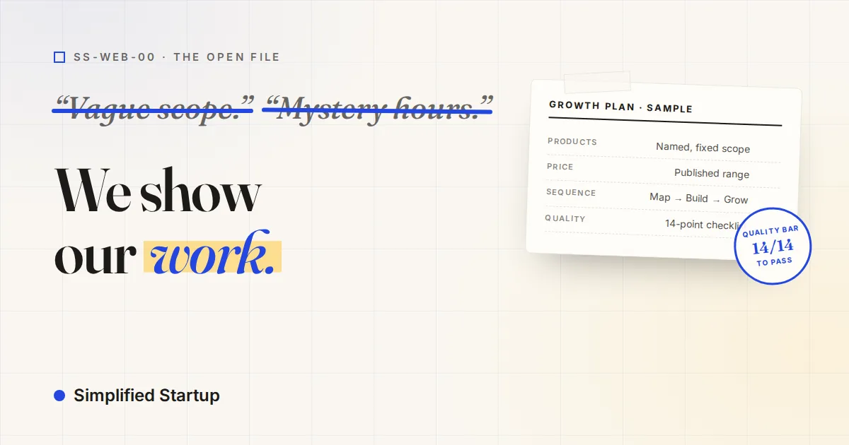 The Simplified Startup homepage: vague scope and mystery hours struck out, resolving to We show our work.